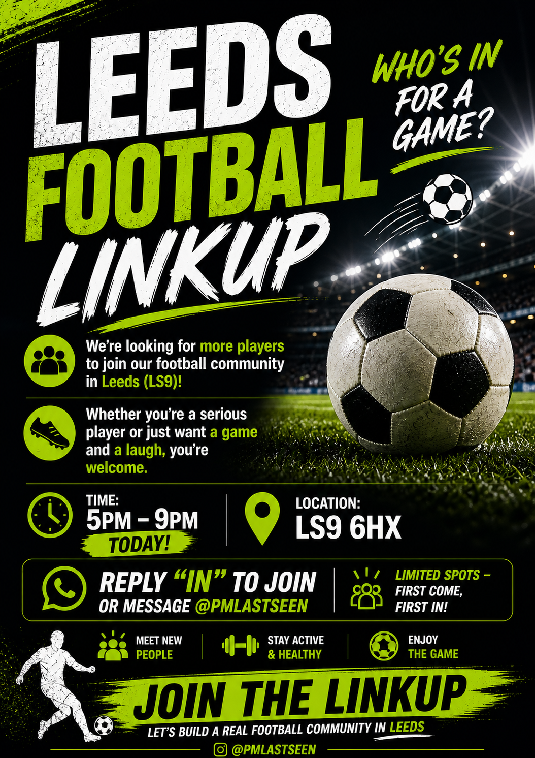 Leeds Football Linkup flyer — Nowell Park, today 5PM, LS9 6HX